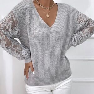 Shein Guipure Elegant Gray Lace Sleeve Twist Back Sweater